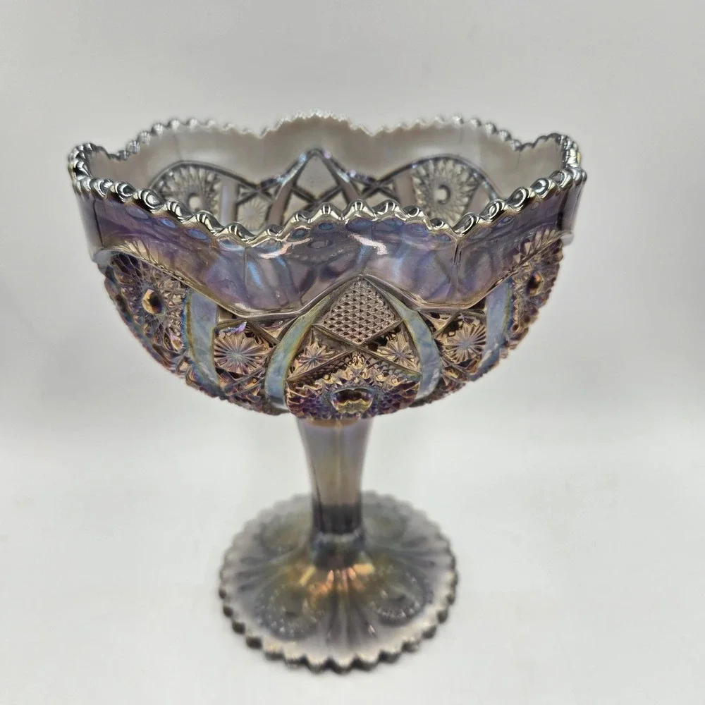 Vintage Imperial Glass Octagon Compote Smoke Carnival Glass Pedestal Candy Dish